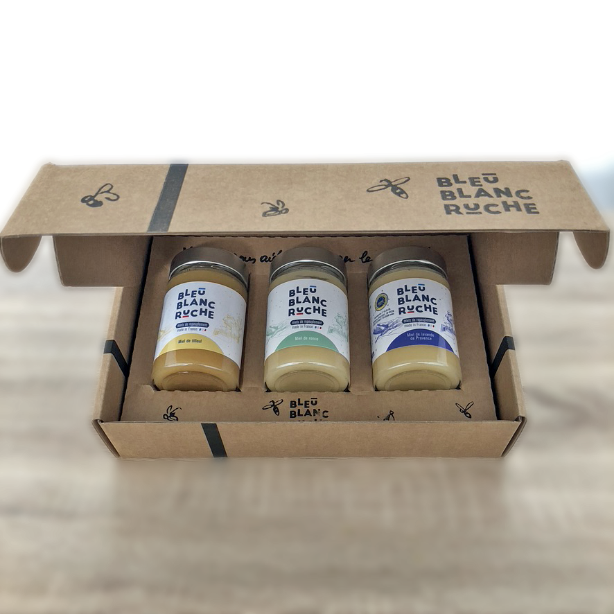 bleu-blanc-ruche-coffret-3-miels-doux-ronce-tilleul-lavande-3-250-g image 1