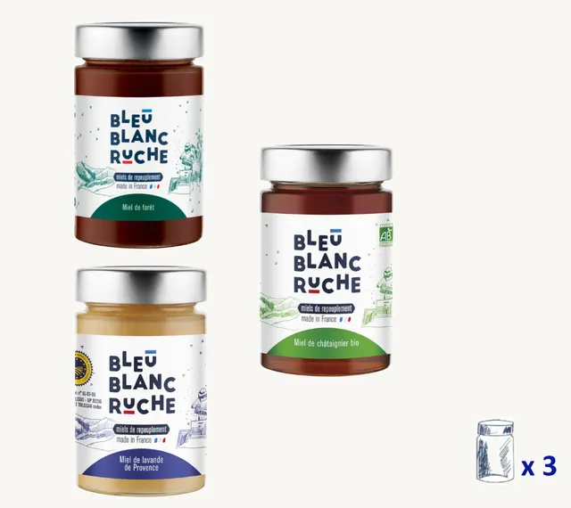 bleu-blanc-ruche-assortiment-miels-cors-s-2-pots-de-250-g-miel-de-for-t-liquide- image 1
