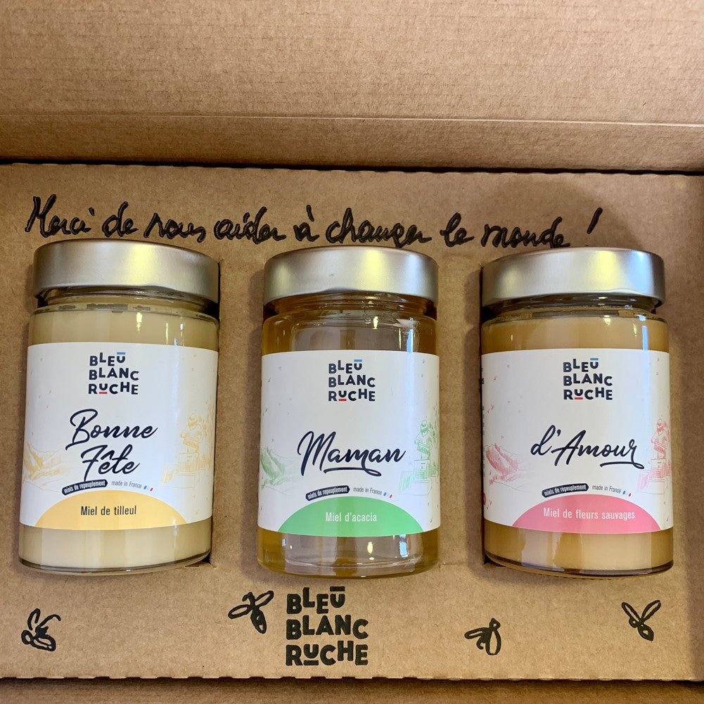 bleu-blanc-ruche-coffret-message-personnalis-3-pots-de-miel-tilleul-acacia-fleur image 2