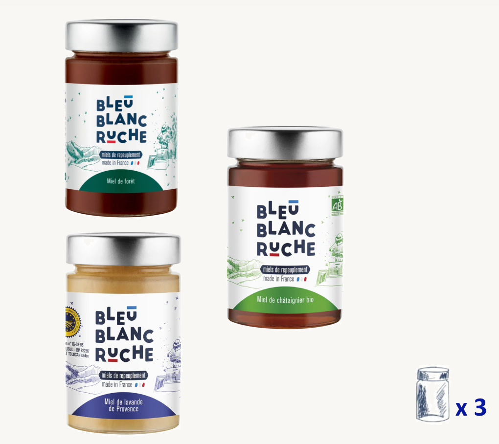 bleu-blanc-ruche-assortiment-miels-cors-s-2-pots-de-250-g-miel-de-for-t-liquide- image 1