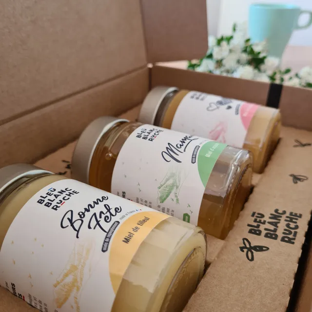 bleu-blanc-ruche-coffret-message-personnalis-3-pots-de-miel-tilleul-acacia-fleur image 1